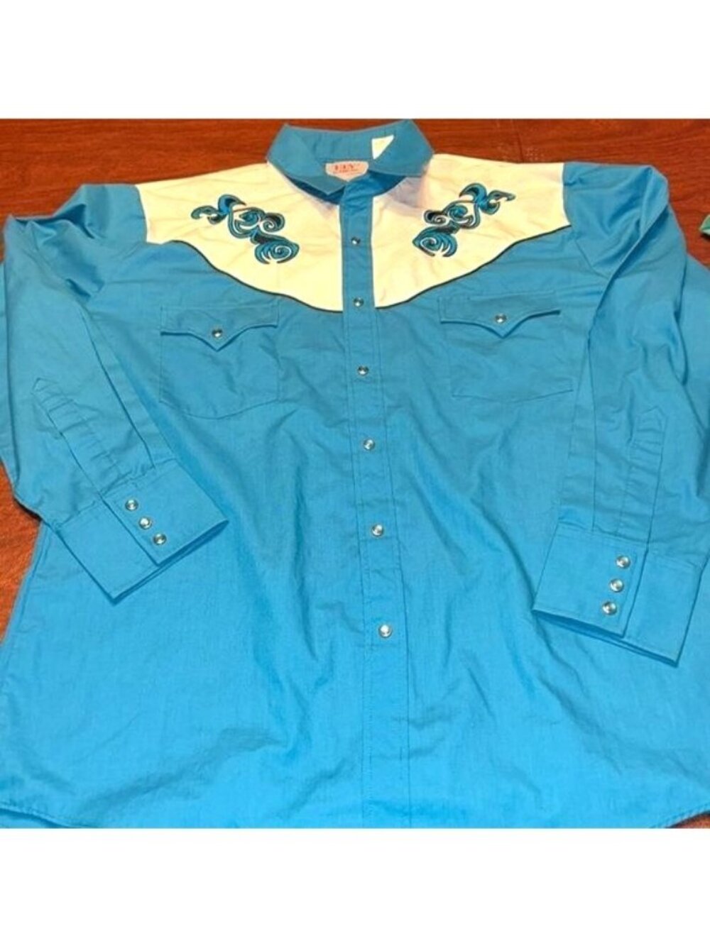 Ely Diamond Mens Western Shirt Blue & White Embroidered Snap Buttons Size L
